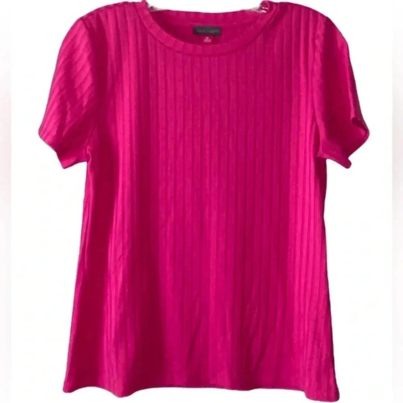 VINCE CAMUTO | Hot Pink Ribbed Knit Short Sleeve Crewneck T-Shirt Top Size M - Picture 1 of 6